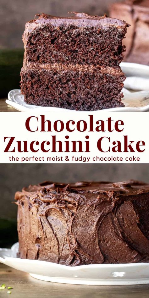 This chocolate zucchini cake is incredibly moist and fudgy with a delicious chocolate flavor and creamy chocolate frosting. The zucchini dissolves as the cake bakes, so you can't tastes it whatsoever. Ultra indulgent - this cake can be made as a layer cake or in a 9x13 inch pan. #chocolatezucchinicake #zucchinicake #chocolatecake #moist #fudgy #summer #doublechocolate from Just So Tasty Zucchini Sweets, Zucchini Chocolate Cake, Vegetable Cakes, Fudgy Chocolate Cake, Chocolate Zucchini Cake, Chocolate Fudge Frosting, Fresh Zucchini, Baked Desserts, Chocolate Zucchini Bread