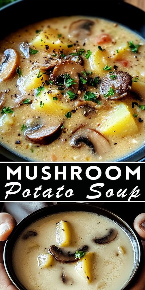 🍲 Cozy up with this creamy Mushroom Potato Soup! Perfect for chilly nights, this comforting recipe is rich, hearty, and easy to make. Ready in just 30 minutes, it’s your next favorite dinner idea! 🍄🥔 #SoupSeason #ComfortFood #MushroomRecipes #HeartyMeals Brothy Mushroom Soup, Mushroom Bean Soup, Creamy Potato Mushroom Soup, Potato Soup With Mushrooms, Potato Mushroom Soup Recipes, Chicken Mushroom Potato Soup, Potato Rosemary Soup, Potato Soup No Meat, The Best Mushroom Soup