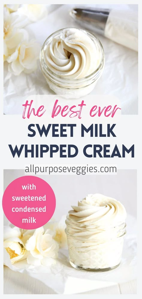 Today I'm finally sharing my best-kept secret for making some DIVINE tasting whipped cream. The key ingredient? Sweetened Condensed Milk. It's the ultimate ingredient that helps the cream taste richer -- almost the flavor of white chocolate ganache. The flavor fusion of cream, sweetened condensed milk and vanilla is luscious and dreamy on their own, but I also like to finish it off with a pinch of salt to subtly balance out the sweetness of the condensed milk and elevate the flavor even further. Get ready for compliments because everyone you serve it to will be asking for this recipe—I guarantee it! Sweet Whipped Cream Recipe, Condensed Milk Filling For Cake, Sweetened Condensed Milk And Cream Cheese Recipes, Recipes That Use Sweetened Condensed Milk, Treats With Condensed Milk, Cream Cheese Condensed Milk Desserts, Things To Make With Sweet Condensed Milk, Whipped Condensed Milk, Uses For Condensed Milk