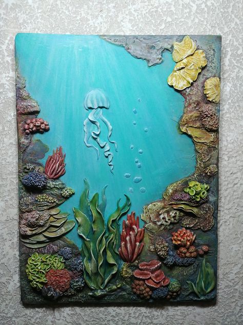 Polymer Clay Painting On Canvas, Sea Texture Painting, Clay Art On Canvas, Ocean 3d Art, 3d Sea Painting, Clay On Canvas, Clay Waves Canvas, Underwater Clay Sculpture, Black Canvas Paintings