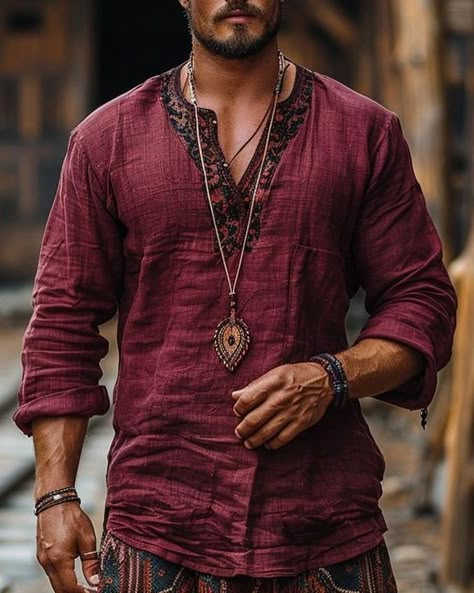 Follow us for more designs ❤️ #fashion #summer #instadaily #igers #instalike Hippie Outfits Hombre, Classy Suits Men, Boho Clothing Men, Bohemian Outfit Men, Boho Men Style, Mens Garb, Man Dress Design, Leather Costume, Bohemian Men