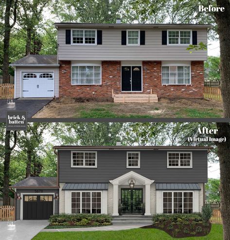 Houses Exterior, Colonial House Exteriors, Painted Houses, Exterior House Renovation, Painted Brick House, House Makeovers, Exterior House Remodel, Brown Roof, Colonial Exterior