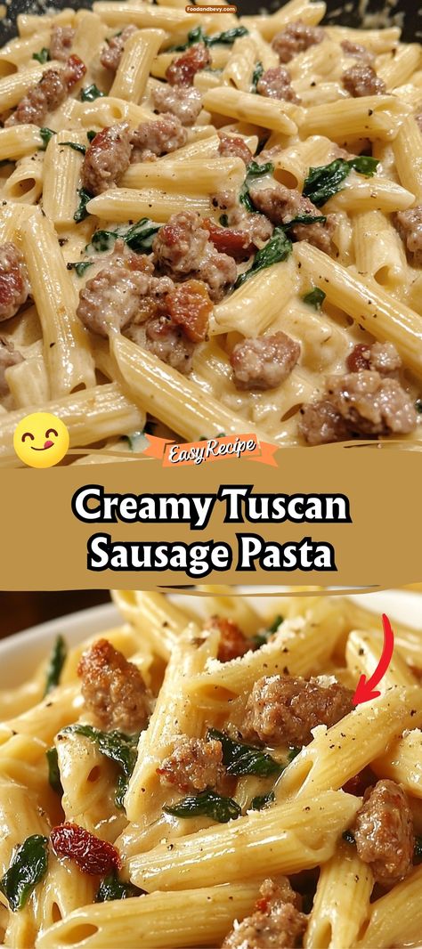 Indulge in the rich, comforting flavors of Creamy Tuscan Sausage Pasta. This dish features spicy Italian sausage, sun-dried tomatoes, and spinach in a creamy garlic parmesan sauce. It’s a flavorful, hearty meal that brings the tastes of Tuscany to your table in under 30 minutes. #TuscanPasta #SausagePasta #WeeknightDinner Spicy Italian Sausage Pasta, Pasta Salad Simple, Spicy Tomato Pasta, Creamy Italian Sausage Pasta, Italian Casseroles, Sausage Dinners, Italian Sausage Recipes Pasta, Creamy Sausage Pasta, Sausage Pasta Recipe