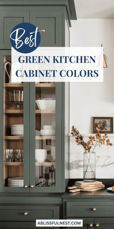 Spruce up your kitchen with the best green cabinet colors! From soothing sage to vibrant emerald, we've got you covered with the perfect shade for a fresh and stylish kitchen look. #greenkitchen #greenkitchencabinetcolors #interiordesign Cushing Green Cabinets, Green Gray Kitchen Cabinets, Gray Green Kitchen Cabinets, Green Kitchen Cabinet Colors, Green Cabinet Colors, Kitchen Cupboard Colours, Green Kitchen Cabinet, Green Kitchen Island, Green Cabinet