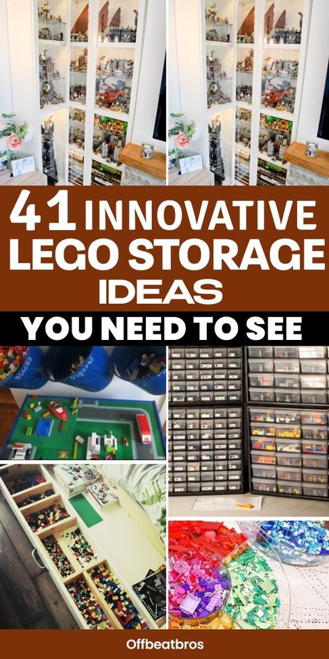 Tired of stepping on scattered Lego bricks? Find the perfect Lego Storage Solutions to keep your space tidy and stress-free. Pin thse 41 Lego Storage ideas now for easy access! Lego Creation Storage Ideas, Lego Organization Ideas For Adults, Lego Set Storage Organization, Kids Lego Storage Display, Mario Lego Storage, Floating Lego Shelves, Lego Building Area Ideas, Lego Storage Wall Ideas, Lego Room Storage