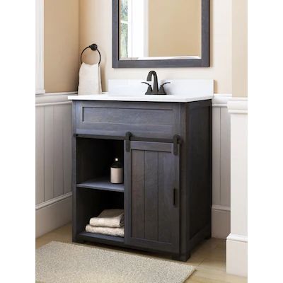 Boston Loft Furnishings Bains 32-in Single Sink Bathroom Vanity with White Speckled, Black Galaxy Granite Top in the Bathroom Vanities with Tops department at Lowes.com Lowes Bathroom Vanity, Black Cabinets Bathroom, Lowes Bathroom, Small Bathroom Sinks, Farmhouse Vanity, Bathroom Sink Cabinets, Small Bathroom Vanities, Single Sink Bathroom, Half Bathroom