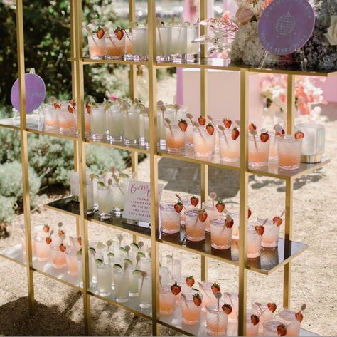 Welcome Drink Display, Cocktail Bar Wedding Drink Stations, Party Drink Display, Drink Display Wedding, Cocktail Bar Wedding, Cocktail Display, Drink Shelf, Mocktail Bar, Drink Presentation