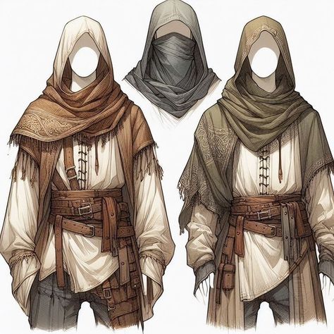 Fantasy Boots Male Drawing, Fantasy Poncho Art, Brown Fantasy Outfit Male, Fantasy Outfits Masculine, Common Clothes Dnd, Robe Drawing Reference Male, Dnd Costume Design, Medieval Clothing Reference, Desert Clothes Concept Art