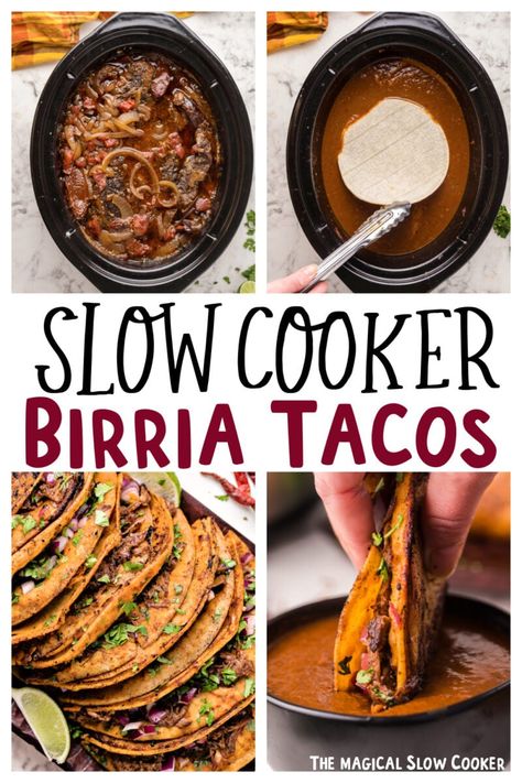 Staple Recipes Meals, Rainy Day Instapot Recipes, Birria Tostadas, Dinner For Big Group, Unique Crockpot Recipes, Slow Cooker Birria Tacos, Slow Cooker Birria, Barrio Tacos, Beef Birria Recipe