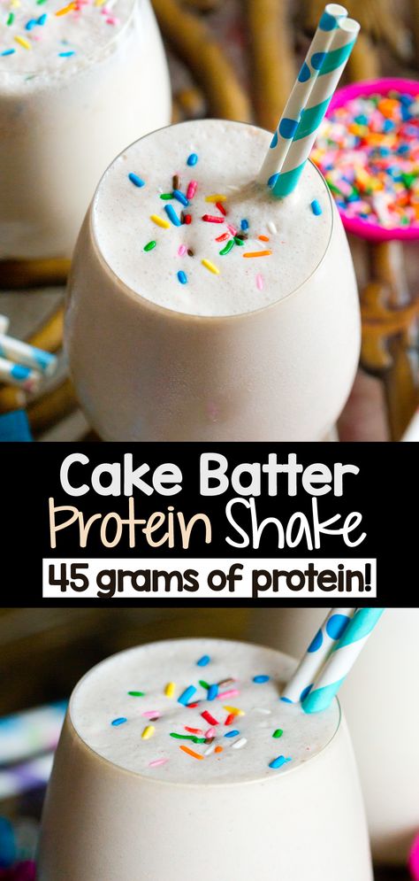 This birthday cake protein shake tastes like a cake batter milkshake, with over forty five grams of protein packed into just one serving! Whip one up in minutes for breakfast or a healthy snack, or any time you are craving vanilla cake batter in the form of a delicious protein shake. #protein #healthysnack #birthday #cakebatter #proteinshake Cake Batter Protein Shake, Single Serving Cake, Vanilla Protein Shake Recipes, Birthday Cake Batter, Cake Batter Protein, Blueberry Mango, High Protein Drinks, Protein Drink Recipes, Protein Milkshake