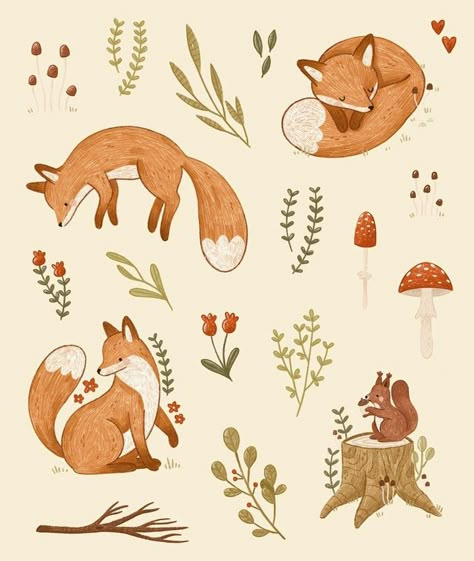 Autumn Prints, Woodland Illustration, Fox Drawing, Fox Illustration, Autumn Illustration, Creature Drawings, Illustration Watercolor, New Sticker, Woodland Creatures