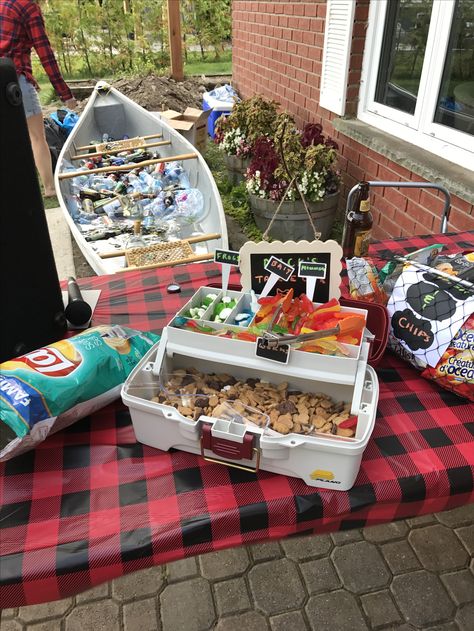 Camping themed party Camping Theme Engagement Party, Camping Engagement Party, Camping Theme Bridal Shower Ideas, Camp Bridal Shower Theme, Camping Bridal Shower Theme, River Bachelorette, Camping Bachelor Party, 55th Birthday Ideas, Bridal Party Foods