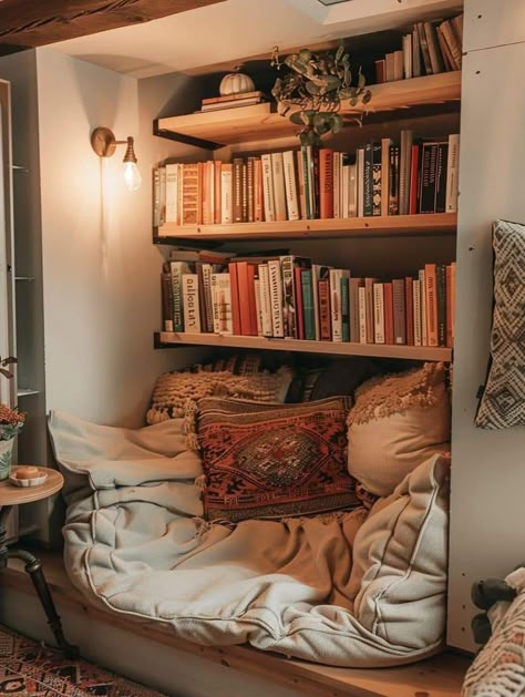 Comfy Book Nook, Closet Converted To Reading Nook, Home Book Nook Ideas, Small Reading Space Ideas, Cosy Nook Ideas, Turning Closet Into Reading Nook, Alcove Reading Nook, Beanbag Reading Nook, Cute Reading Corners