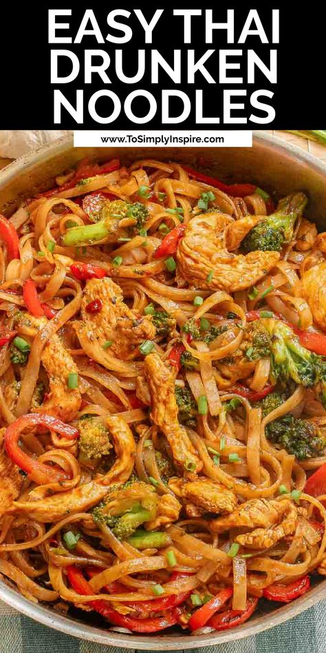 A skillet full of a thai drunken noodles recipe with rice noodles, chicken and red bell peppers and broccoli. Thai Chicken Noodles Stir Fry, Chicken Broccoli Stir Fry Noodles, Chicken Broccoli Thai Noodles, Brown Rice Noodles Stir Fry, Spicy Thai Noodles With Chicken, Drunken Noodles With Chicken, Chicken And Rice Noodles Stir Fry, Rice Noodles Dishes, Thai Noodle Stir Fry