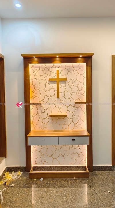 Prayer unit°simble and elegant #interiordesign #prayarunit #Poojaroom #poojaunit #crackdesign #WallDesigns, Find more designs by Rk creation from Kerala, Kollam God Room Designs Simple, Interior Design God Room, House God Room Design, Christian Alter Ideas For Home, Roopakoodu Christian Home, House Altar Design, Christian Interior Design, Altar Ideas Catholic, Prayer Unit Design Christian