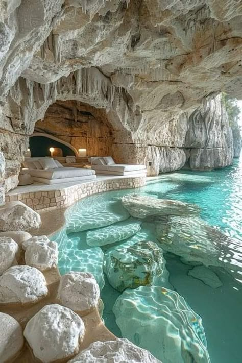 Castle Pool Aesthetic, Mermaid House Underwater, Palace Room, Grotto Pool, Island Mountain, Mermaid Cave, Underwater Room, Water Mermaid, Underground Pool