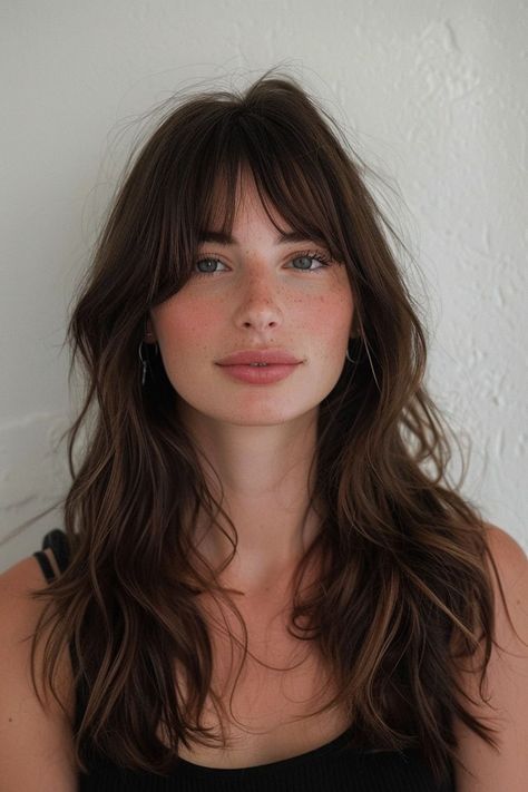 Long Length Haircut For Fine Hair Curtain Bangs, Layer Long Hair With Bangs, Layer With Bangs Haircut, Long Haircut With Fringe Bangs, Long Bangs For Wavy Hair, Fringe And Layers Long Hair, Layers Haircut Bangs, Long Hair Bottleneck Bangs, Bottleneck Bangs Side Part