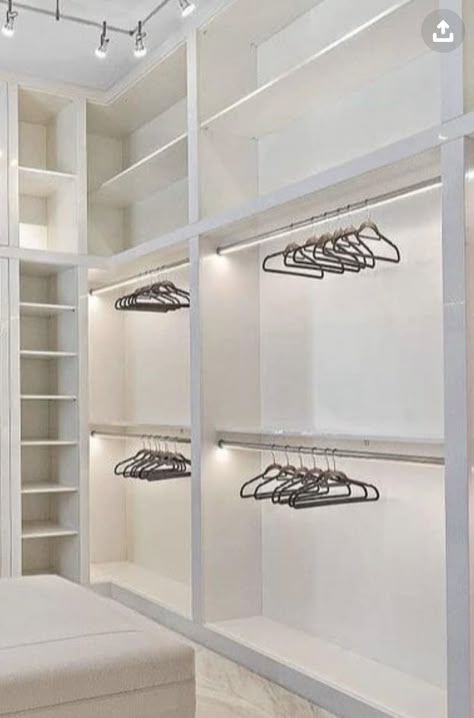 Closet Ideas Hanging Clothes, One Sided Walk In Closet, Custom Walk In Closet Ideas, California Closets Walk In, Vanity Inside Closet, Master Walk In Closet Ideas, Walk In Closet With Vanity, His And Hers Closet, Closet With Vanity