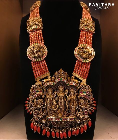 Gold Antique Coral Haram From 'Pavithra Jewels' • South India Jewels Lakshmi Pendant, Pretty Gold Necklaces, Coral Jewellery, Coral Jewelry Set, Jacket Designs, Gold Haram, Temple Jewelry Necklace, Neck Pieces Jewelry, Antique Necklaces Design