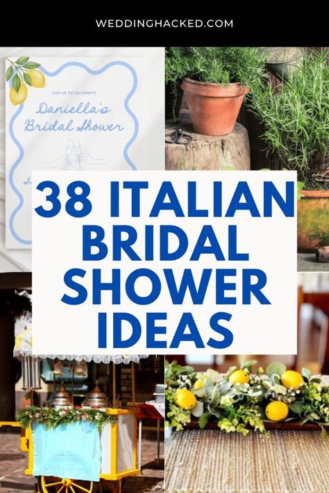 30 Ideas For An Italian Bridal Shower Theme: Invitations, Venues, Food, Decor, Favors, Outfit & More! Great Italian bridal shower ideas on a budget! Goes over color schemes like the iconic Mediterranean blue and yellow and also decor ideas like lemon centerpieces. Bridal Shower European Theme, Decor With Lemons Ideas, Lemon Theme Tablescape, Wedding Shower Italian Theme, Bridal Shower Mediterranean Theme, Lake Como Bridal Shower Theme, Italian Themed Shower Ideas, Bridal Shower Tuscan Theme, Italy Wedding Shower Theme