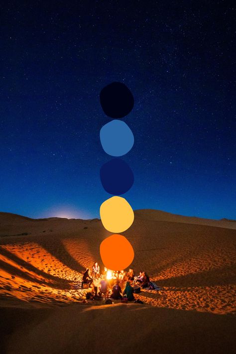 A colour palette based on a photograph of the Moroccan Sahara Desert at night by @malcoo on Unsplash #color #blue #colorpalette #inspiration #morocco #branding #homedecor Follow @CreativeTadpole for more colour inspiration Deep Blue And Orange Color Palette, Desert Night Color Palette, Sahara Color Palette, Solar Color Palette, Night Pallete Color, Dubai Color Palette, Ramadan Color Palette, Desert Color Pallete, Nighttime Color Palette