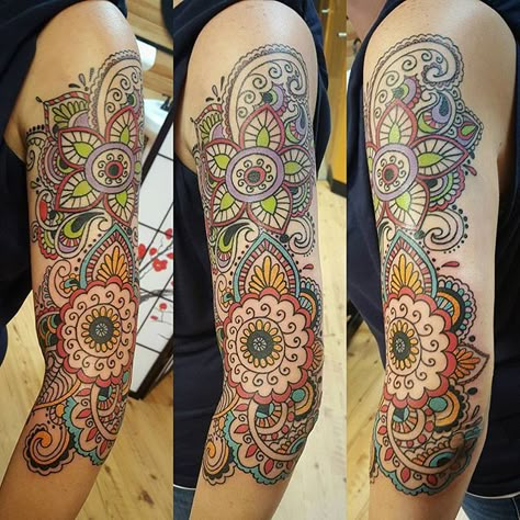 crosseyed,tattoos,paisley,tattoo,color,mydesign,mandalastyle,design,coolshit,lovemyjob,tattooed Paisley Tattoo Sleeve, American Classic Tattoo, Patrick Tattoo, Mandala Arm Tattoo, Paisley Tattoos, Dotwork Tattoo Mandala, Paisley Tattoo, Negative Space Tattoo, Mandala Tattoos