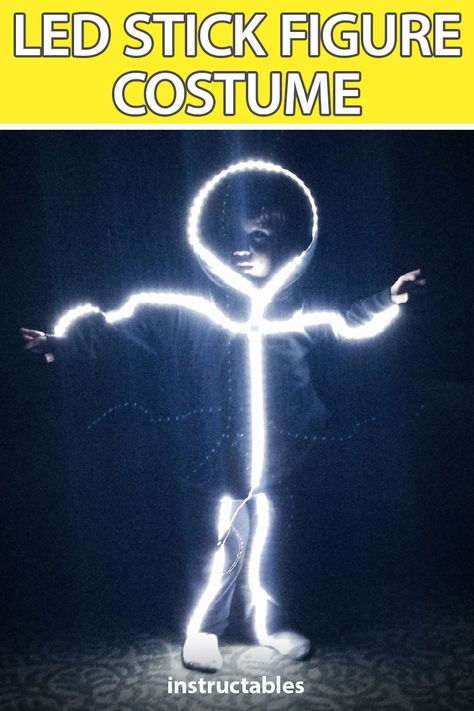 Use an LED strip and a simple black outfit to make an LED stick figure costume for any age. #Instructable #Halloween #lighting #kids Led Costume Diy, Led Stick Figure Costume, Stick Figure Halloween Costume, Stick Figure Costume, Simple Black Outfits, Halloween Lighting, Led Costume, Led Stick, Diy Glow