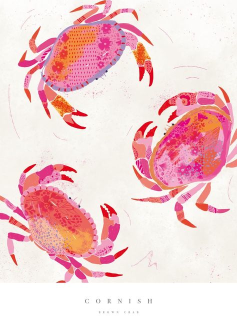 Cute Ocean Illustration, Pictures For Frames, Pink Wall Prints, Beach Art Ideas, Crab Illustration, Prints For Room, Prints For Bedroom, Large Art Print, Crab Art