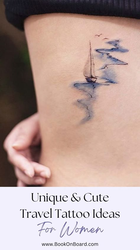 Unique & Cute Travel Tattoo Ideas For Women Travel Tattoo Ideas For Women, Tattoos Women Unique, Travel Tattoos For Women, Minimalist Travel Tattoo, Travel Inspired Tattoos, Watercolor Bike, Wanderlust Tattoos, Womens Tattoo Sleeve, Feminine Compass Tattoo