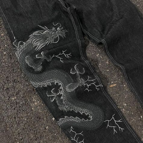 ✦ Dragon Jeans - Bounty by @bybountyy Dragon Pants, Dragon Jeans, Gothic Fashion Women, Street Jeans, Pants Fabric, Style Wide Leg Pants, Dragon Pattern, Letter Design, Pants Fit