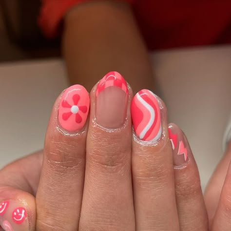 Payton Meyers on Instagram: "💞🌸🌷🎀👙🍬🦩 • • • • #nailart #nails #beauty #nailsofinstagram #utahnails #nailinspo #pinknails #luminarynailsystems #pinterest #pinterestnails #roundnails #almondnails #smileyfacenails #checkerednails #frenchtips #flowernails" Cute Preppy Nails Summer, Short Nail Designs Preppy, Preppy Nails Short Square, Fun And Simple Nails, Cute Retro Nails, Bright Happy Nails, Preppy Nail Inspo Almond Short, Short Nail Cute Designs, Preppy Smiley Face Nails