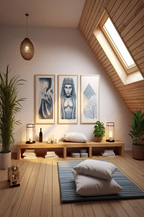 Yoga Studio idea for small attics with low ceilings. Small Attic Room Ideas, Sala Zen, Sala Yoga, Small Attic Room, Zen Room Decor, Yoga Corner, Yoga Meditation Space, Yoga Room Design, Attic Room Ideas