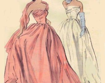 Dress Patterns Uk, 50s Prom Dresses, 1950s Prom Dress, Vintage Fashion Sketches, Prom Dress Pattern, Gown Sewing Pattern, Vintage Ball Gowns, Evening Dress Patterns, Strapless Evening Gowns