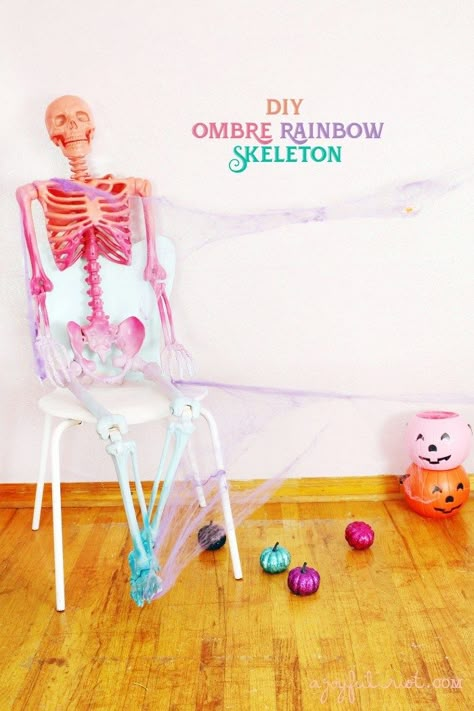 Rainbow Skeleton, Silly Halloween, Life Size Skeleton, Rainbow Halloween, Diy Ombre, Pastel Halloween, Birthday Halloween Party, Pink Halloween, Halloween 2020