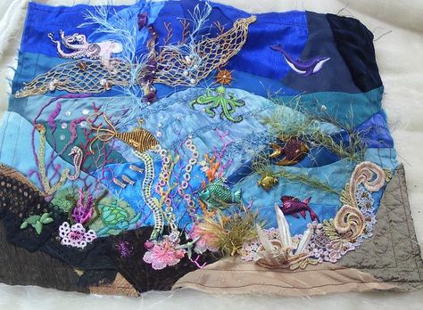 Mostly about needlework: quilting, crazy quilting, embroidery, designing, silk ribbon embroidery, beading, w/ free tutorials & embroidery charts. Mermaid Model, Crazy Quilt Embroidery, Ocean Quilt, Mermaid Bag, Quilt Stitches, Crazy Quilt Stitches, Quilt Embroidery, Skirt Diy, Crazy Quilt Blocks