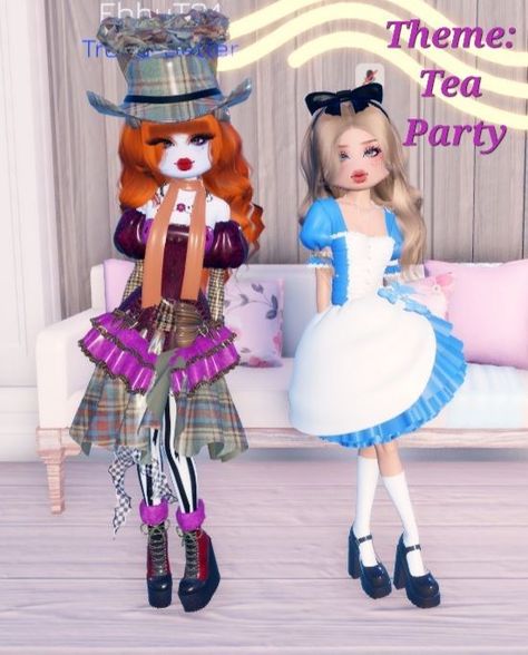 What should a girl be on Halloween? Tea Party Dti Outfit, Mad Hatter Dress To Impress, Dress To Impress Duo Outfits, Tea Party Dress To Impress, Party Dress To Impress, Disney Fairytale Wedding Dress, Halloween Fashion Outfits, Tea Party Outfit, Halloween Costumes To Make