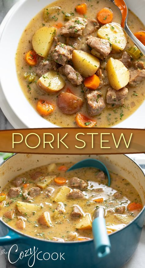 This delicious pork stew is easy to make on the stove top or the slow cooker! It's loaded with tender pork and savory vegetables in a super flavorful broth. Pork Stew Crockpot, Pork Stew Meat Recipes, Pork Stew Meat, Pork Soup Recipes, Recipes Using Pork, Pork Stew Recipes, Stew Dinner, Slow Cooker Pork Roast, Pork Casserole