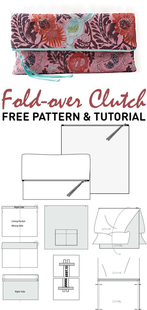 Fold-over Clutch - Free Pattern Fold Over Bag Pattern Free, Clutch Sewing Pattern Free, Fold Over Clutch Pattern, Clutch Pattern Sewing, Clutch Purse Pattern Free, Diy Clutch Purse Tutorial Free Pattern, Clutch Pattern Free, Diy Purse Patterns Free, Flap Bag Pattern