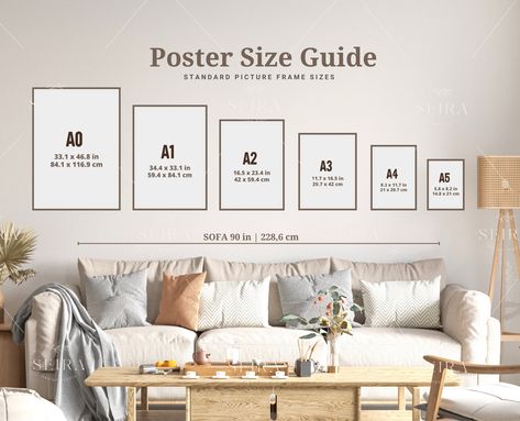 Wall Art Size Guide, Art Size Guide, Pretty Living Room, Minimalist Homes, Mid Century Modern Minimalist, Wall Art Display, Poster Sizes, Apartment Decor Ideas, Wall Art Size