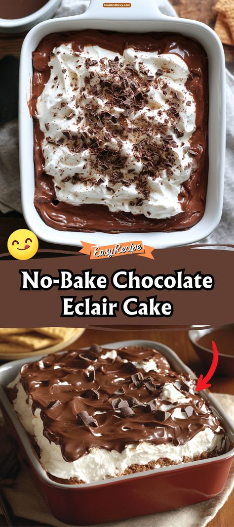 No Bake Chocolate Eclair Cake, Eclair Cake Recipe, Chocolate Eclair Dessert, Refrigerator Cake, Eclair Cake Recipes, Chocolate Eclair Cake, Gourmet Bakery, Impressive Dessert, Vanilla Filling