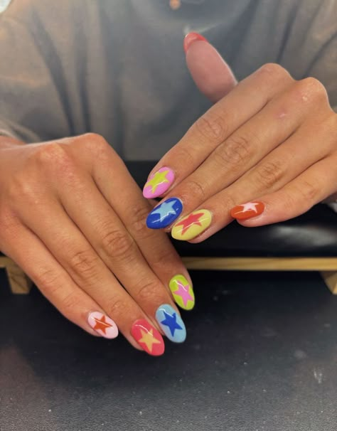 Short Nail Designs Multi Color, Stripy Nail Designs, Short Nails Ideas Colorful, Funky Summer Acrylic Nails, Funky Design Nails, Different Color Nails On Each Finger, Simple Colorful Nail Designs, Unique Nail Sets, Funky Nail Inspo Almond