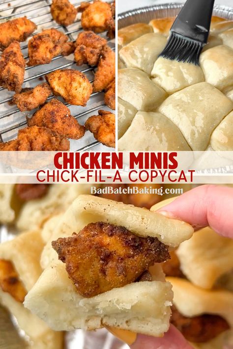 chick-fil-a chicken minis Mini Chicken Waffles, Chicken Minis Chick Fil A Copycat, Copycat Chick Fil A Chicken Minis, Chick Fil A Breakfast Minis, Chick Fil A Mini Biscuit Recipe, Chic Fil A Copycat Chicken Minis, Homemade Chicken Minis, Chick Fil A Chicken Minis Recipe, Chick Fil A Biscuit Recipe