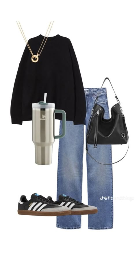 Cool Mom Outfits Spring, Outfits With Black Sambas, Saturday Outfit Casual Weekend Wear, Author Outfits, High Contrast Outfits, Samba Outfit, Outfit Layout, Uni Outfits, Looks Street Style