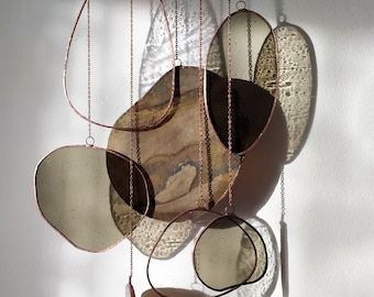 Hanging Wall Sculpture, Modern Organic Wall Art, Modern Organic Art, Japandi Contemporary, Neutral Bedroom Wall Decor, Stairwell Art, Stained Glass Modern, Decorative Stone Wall, Japandi Wall Decor