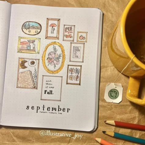 50+ Beautiful Bullet Journal Monthly Covers for 2024 - The Planner Addict Fall Theme Illustration, Fall Bujo Cover, September Bujo Theme Ideas, Fall Bullet Journal Theme, September Reading Journal, Bujo Autumn Theme, September Bujo Ideas, Fall Scrapbook Ideas, Fall Bujo Theme