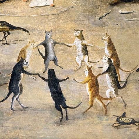 darklordcat Cats dance to a Satanic tune in a detail from “The Witches Cove”, a 16th century Flemish painting by a follower of Jan Mandijn. Medieval Cat, Medieval Cats, Museum Of Curiosity, Medieval Animals, Witches Dance, Flemish Painting, Medieval Artwork, Medieval Paintings, Cat Paintings