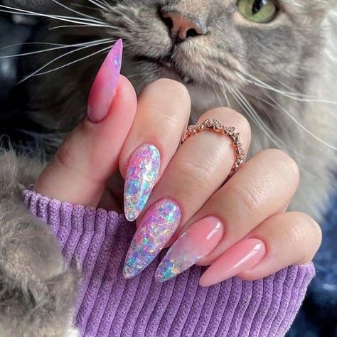 Mylar Nails, Sprinkle Nails, Glitter Fade Nails, Unicorn Nails Designs, Unicorn Nail Art, Cotton Candy Nails, Confetti Nails, Unicorn Nails, Galaxy Nails