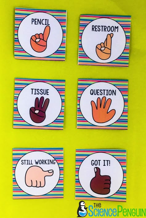 The Problems “Can I go to the bathroom?” “I need a Kleenex.” “I gotta sharpen my pencil.” A student’s hand is raised.  Does she need a pencil?  Does she need to use the restroom?  Or does she have trouble with a math problem? The Solution One of the best things I implemented in my classroom … Classroom Hand Signals, The Science Penguin, Science Penguin, Classroom Management Ideas, Classroom Procedures, Classroom Management Tips, Hand Signals, Hand Gestures, Classroom Management Strategies