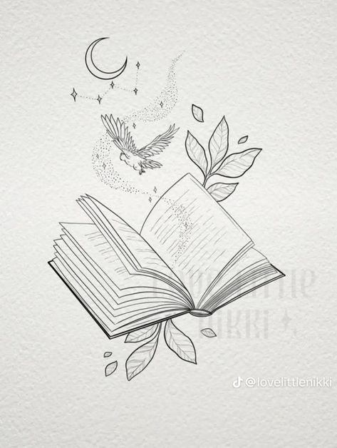 Tiny Book Tattoo Ideas, Bookish Wrist Tattoo, Meaningful Book Tattoos, Moon And Book Tattoo, Rose And Book Tattoo, Tattoo Open Book, Book Related Drawings, Flying Books Drawing, Reading Inspired Tattoos