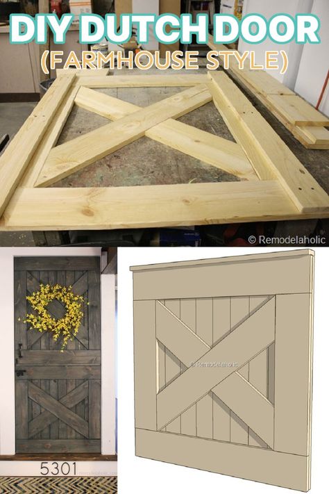 Add privacy to any room, with a side of farmhouse style, with this DIY Dutch door. The bottom of the split wooden door acts as a baby gate, and the top gives you the option of additional privacy. #remodelaholic #buildingplan #beginnerbuilding Dutch Screen Door Diy, Dutch Door Interior Diy, Basement Dutch Door, Double Dutch Barn Doors, Sliding Dutch Door, How To Build An Exterior Door, Diy Wood Doors Interior, Diy Wood Gate Outdoor, Chicken Coop Dutch Door